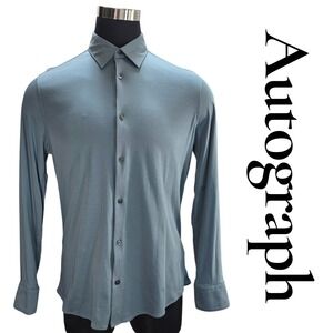 Autograph‎ M&S Shirt Mens Large Steel Blue Cotton Luxury Knit Slim Fit Classic